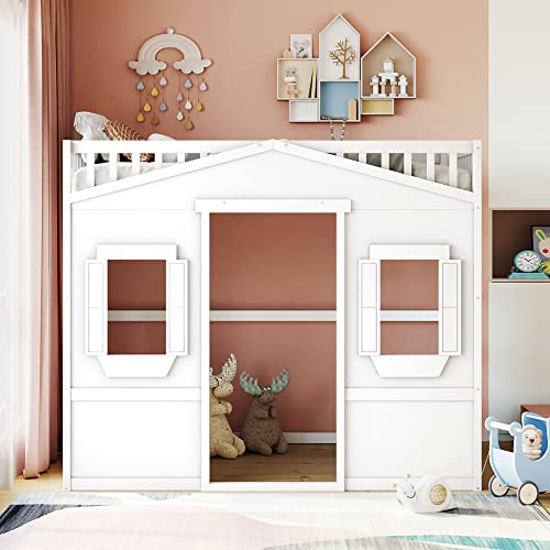 Harper & Bright Designs Full Size House Loft Bed for Kids, Wood Full Loft Bed with Door and Windows House Design, Playhouse Bed Full with Underbed Space for Girls Boys Bedroom, White