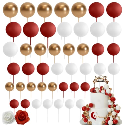 48 piezas de bolas para decoración de tartas, Bolas Espuma Cupcakes Topper DIY Decoración, 3 Tamaños Decoración de Inserción de Pastel, para Decoración Tartas Aniversario (rojo Blanco oro)
