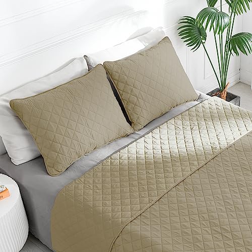 Juego de edredón reversible matrimonial microfibra beige y gris con 2 fundas 3