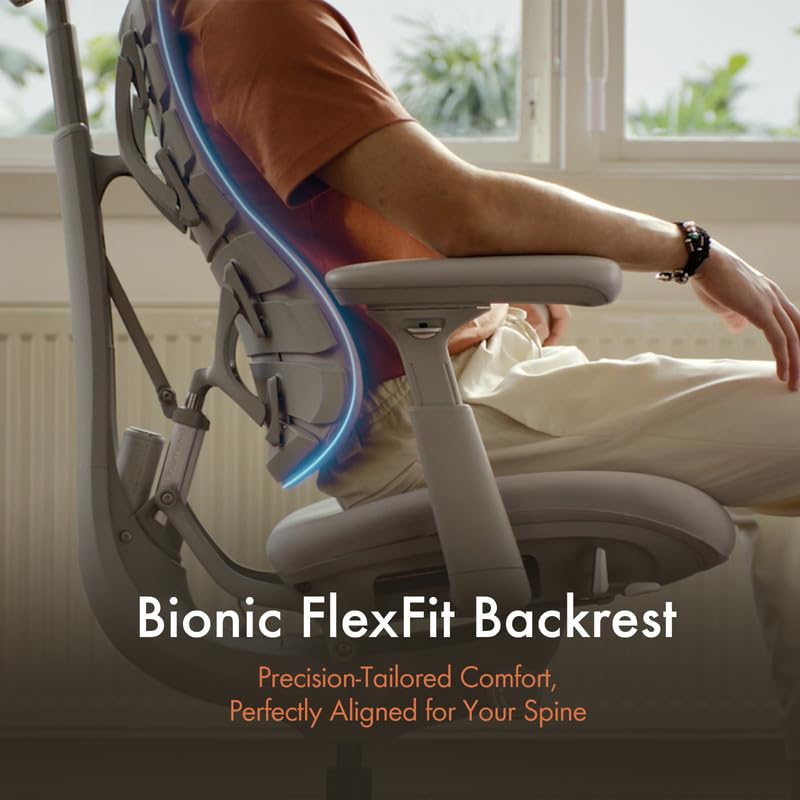 Image of LiberNovo Dynamic Ergonomic Desk Chair with Footrest and Extra Rechargeable Power Pack, Comfy Home Office Chair with Adaptive Lumbar Support, 160 Recline, Built-in Spine Stretch, Gray, 48cm