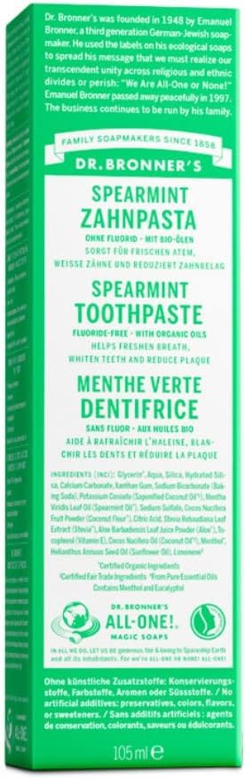 Dr. Bronner's Pasta de dientes de menta verde | sin flourid | vegana | con aceite de coco orgánico y de comercio justo | 3 tubos de 105 ml