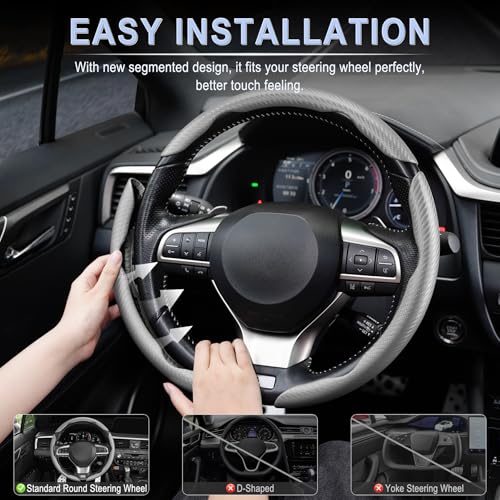 Image of Amiss 3pcs Carbon Fiber Anti-Skid Steering Wheel Cover, Waterproof & Segmented Butterfly Design, Universal 99% Vehicle Wheel Cover Protector, Car Interior Accessories (Gray-3pcs)