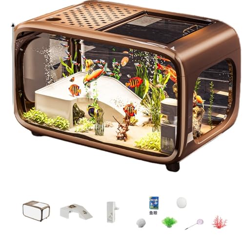 Qinaaiu 水槽セット 小型魚類 飼育用 透明な水槽本体 給餌口&水換え簡単 通気孔 多面観賞 静音デザイン 耐久性 シンプルな外観 インテリア装飾 玄関にも適用 ブラウン デラックスバージョン (ブラウン,高級モデル+酸素ポンプ)