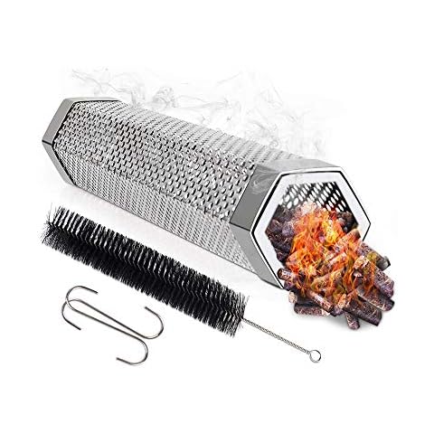 Smoker 12" Stainless Steel Tube BBQ Smoker Tube, Potable Hot or Cold Smoking for Smoking Beef, Chicken and Fish, 5 Hours of Billowing Smoke, Free Tube Brush and hook Cover