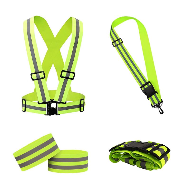 Yipakeh 5-in-1 Reflective Running Sash for Women Men - High Vis Gear with Adjustable Vest Arm Bands Belt & Pouch 360° Night Safety for Jogging Cycling Dog Walking (Green)