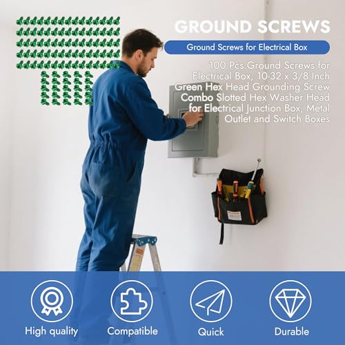 100 Pieces Ground Screws for Electrical Box, Green Hex Head Grounding Screws with Slotted Hex Washer Head, Fits Junction Box, Metal Outlet and Switch Boxes