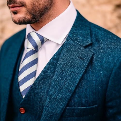 Image of Barry.Wang Skinny Ties for Men Wool Blend Herringbone Necktie with Tie Clip | Tie and Tie Clip Set, Cashmere Wool Stripe, 2.76 x 63 Inches, Extra Long Slim, Wedding Work Party Classic