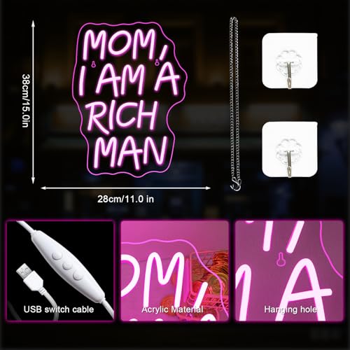 Image of Lucunstar Mom I Am A Rich Man Neon Sign Pink Neon Signs for Wall Decor Pink LED Light for Bedroom Decor USB Connectivity Led Neon Signs for Home Boys Room Man Cave Gifts for Teens