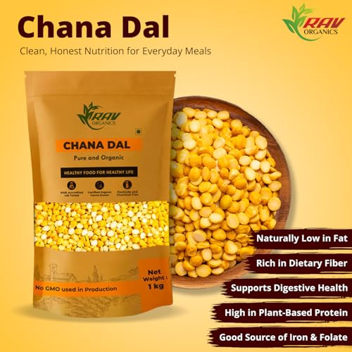 Image of Rav Organics Unpolished Organic Chana Dal | Split Bengal Gram, Chholar Dal | Premium Pulses & Legumes | Non-GMO, 100% Natural | NPOP Certified Organic Farm-Grown | Stone Ground | Chemical & Preservative Free (1 kg, Pouch)