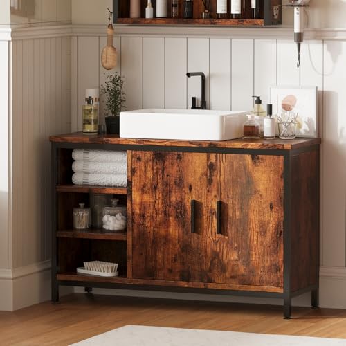 ELUCHANG Armario Baño de Pie, Mueble Baño Bajo Lavabo con 2 Puerta y 3 Compartimentos Abiertos, Armario Lavadora con Recorte Sifón, Estantes Ajustables, 90x30x60cm,Vintage+Negro