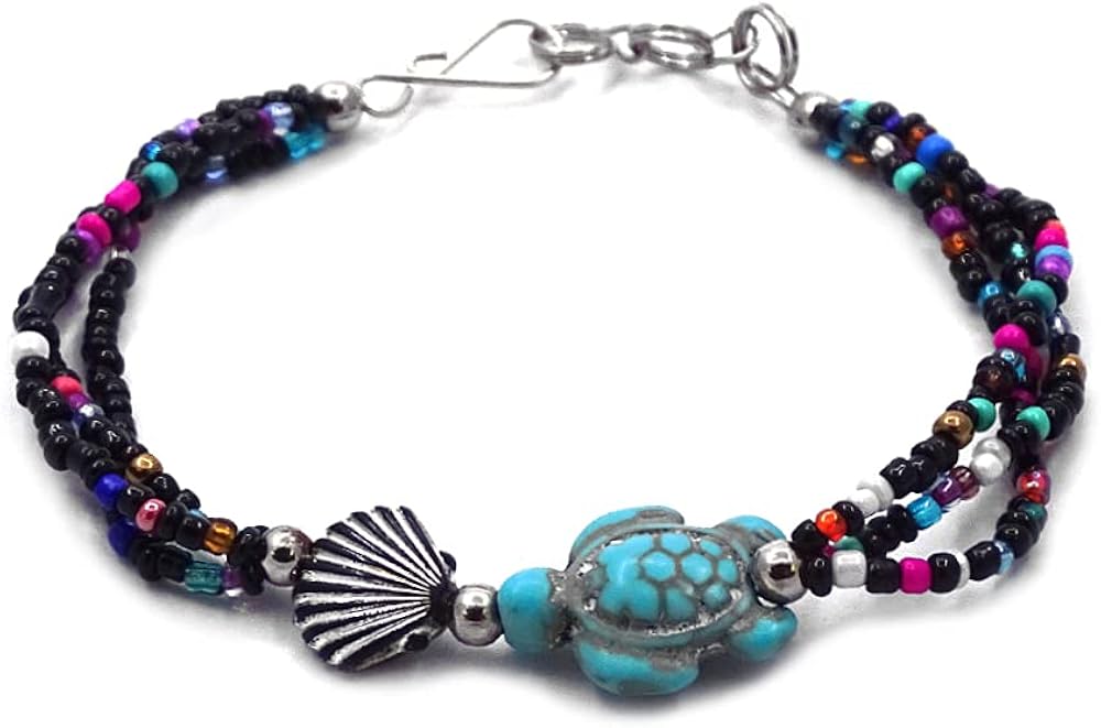 Sea TurtleTumbled Magnesite Gemstone Shell Seed Beaded Multi Strand Bracelet - Womens Fashion Handmade Jewelry Boho Accessories (Lime-Green/Multi): Clothing, Shoes & Jewelry