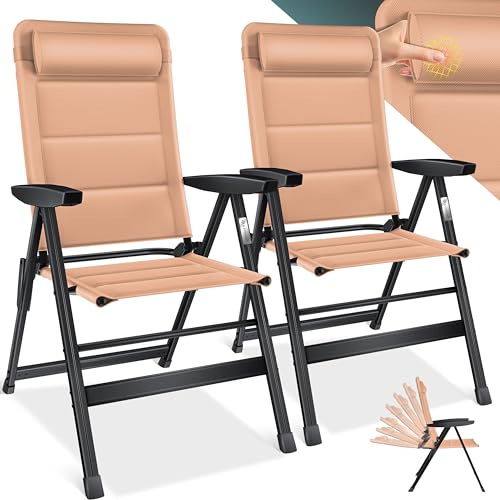 KESSER® Gartenstuhl Hochlehner mit Armlehnen 2er Set | Aluminium Klappstuhl inkl. Kopfkissen Campingstuhl 7-Fach Verstellbar Rückenlehne | Atmungsaktiv & Wetterfest | Klappbar & Anti-Rutsch Sand