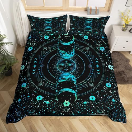 Manfei Sun and Moon Duvet Cover Set King Size, Stars Space Psychedelic Bedding Set 3pcs for Kids Girls Bedroom Decor, Blue Sun Moon Boho Comforter Cover Soft Polyester Quilt Cover with 2 Pillowcases