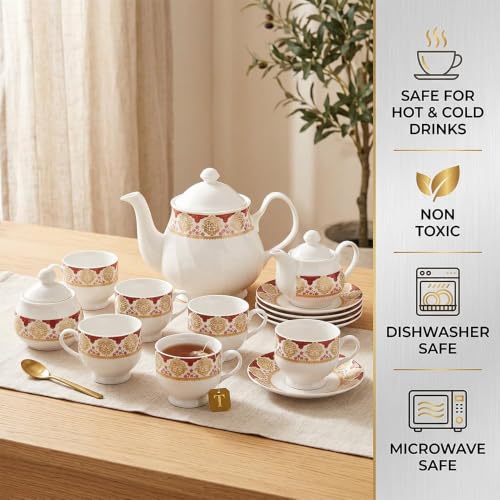 Image of U.P.C Ceramic Tea Set with Kettle, Tea Cups & Saucers, Premium Tea Pot Set for Tea & Coffee, Elegant Tea Serving Set for Home, Office, Parties & Housewarming Gift- (TS011)