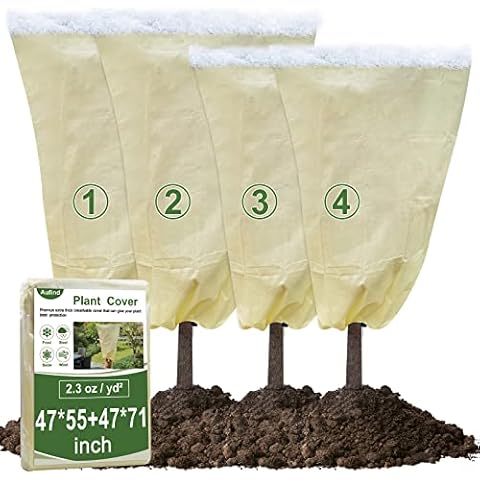 Aufind 4 Packs Plant Freeze Protection Covers, 47 * 55+47 * 71 Winter Shrub Cover Tree Frost Blanket with Drawstring for Cold Frost Freeze Bird Insect Prevention Sun Protection Cover