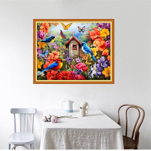 Image of Foxhool Beginners Cross Stitch Kits Stamped Full Range of Embroidery Kits for Adults DIY Cross Stitches kit Embroidery Patterns for Needlepoint kit-Little Bird Family 16x20 inch