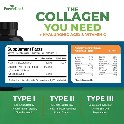 ForestLeaf Multi Collagen Pills with Hyaluronic Acid + Vitamin C | Hydrolyzed Collagen Supplements for Women or Men | Multi Collagen Capsules Peptides for Skin, Wrinkles, 120 Caps