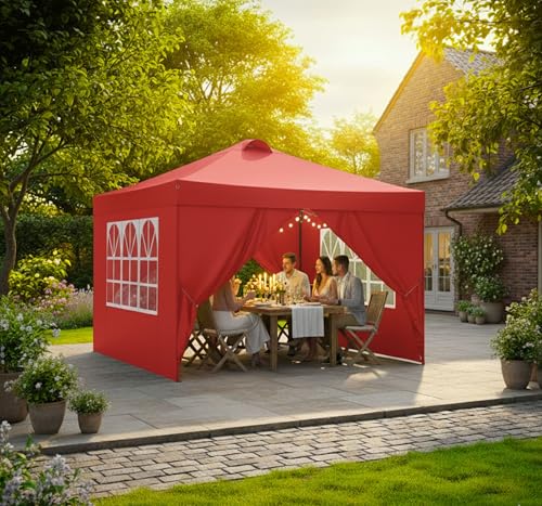 Image of PERGOLA Design 10x10 Heavy Duty 30KG Canopy Tent with Window Side Walls & Curtains | Premium Waterproof Pop Up Gazebo Outdoor Portable Event Shelter for Garden, Terrace & Parties (Red)
