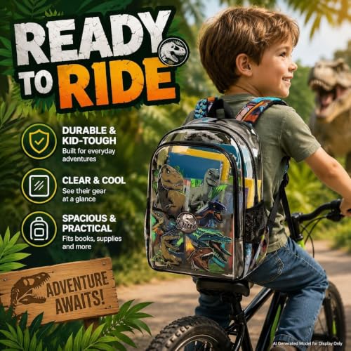 Image of WZLVO Clear Backpack for Kids Boys, 16 inch Heavy Duty PVC Transparent Bookbag with Frame Reflective Strip, Cute See Through School Bags for Elementary Preschool - Awesome Dinosaur Black