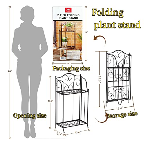 Yolafe Foldable 2 Tier Metal Plant Stand Scrollwork Design Indoor And Outdoor Flower Rack Pot Shelf Home Storage Organizer Shelf, Black #TOP4