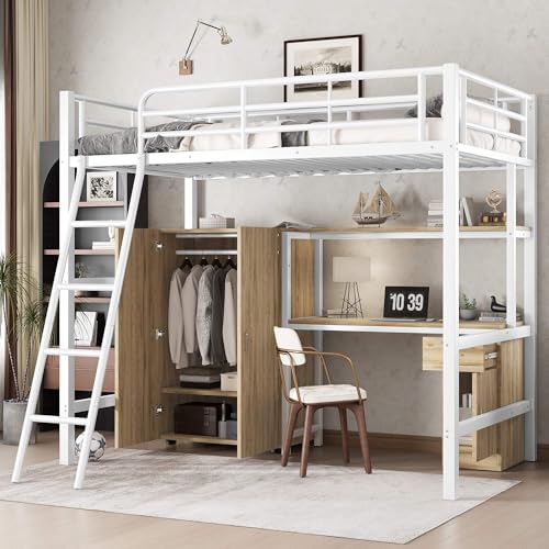 HYUB Cama alta 90 x 200 cm con escritorio y armario, litera con espacio de almacenamiento y escalera, marco de cama con protección anticaída y somier, color blanco