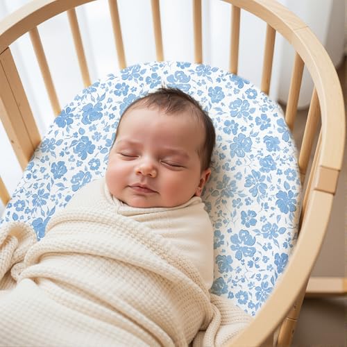 Image of FIOBEE Baby Bassinet Sheets for Girls Boys 2 Pack Waterproof Bassinet Mattress Elastic Fitted Crib Sheets Universal Fit for Hourglass Oval and Rectangle Bassinet Sheet, Blue