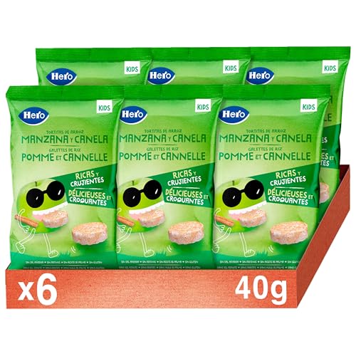 Hero - Tortitas de Arroz, Manzana y Canela, Sin Sal Añadida, Sin Aditivos, Sin Aceite de Palma, Sin Gluten, Snack Infantil Apto para Niños Desde los 36 Meses - Pack de 6 x 40 g