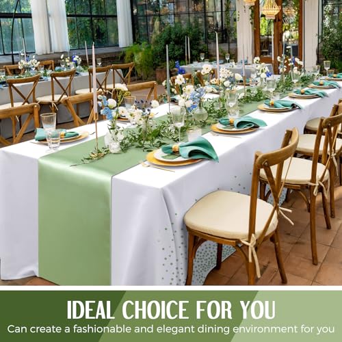 Image of Breling 8 Pack White and Sage Green Disposable Plastic Tablecloths and Satin Table Runner Set, 54 x 108 Inch Tablecloth, 12 x 108 Inch Table Runners for Wedding Graduation Birthday Baby Shower