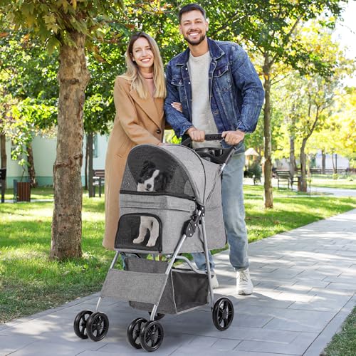 YITAHOME Haustierbuggy für mittelgroße Hunde, 4-Rad-Hundebuggy mit Aufbewahrungskorb, Faltbarer Haustier-Reisewagen mit Getränkehalter & Aufbewahrungskorb (Grau)