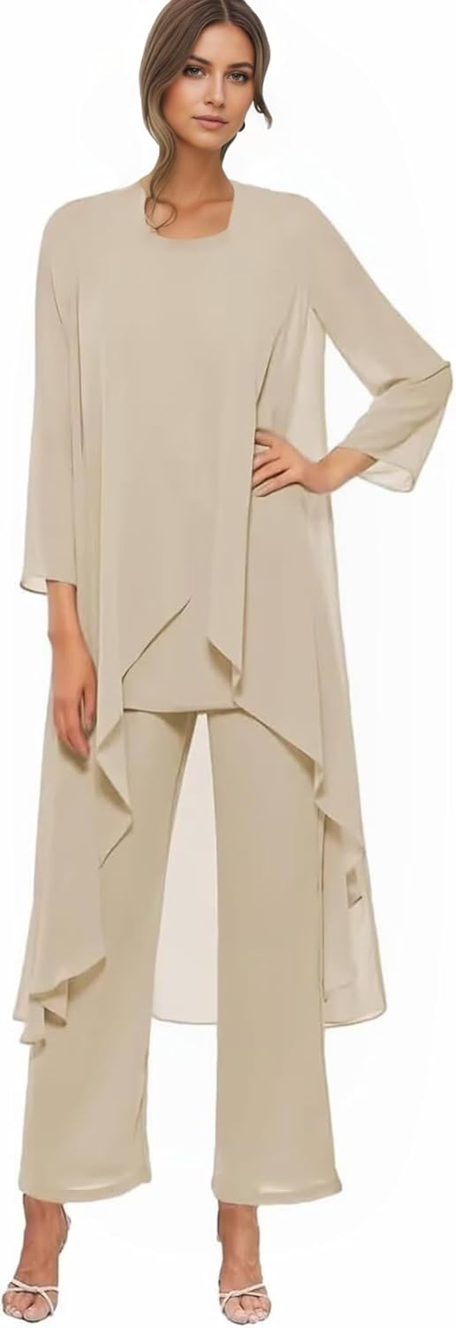 Women’s Chiffon Mother of The Bride Pant Suits for Wedding Guest 3 Pcs Formal Grandmother Pantsuit with Jacket