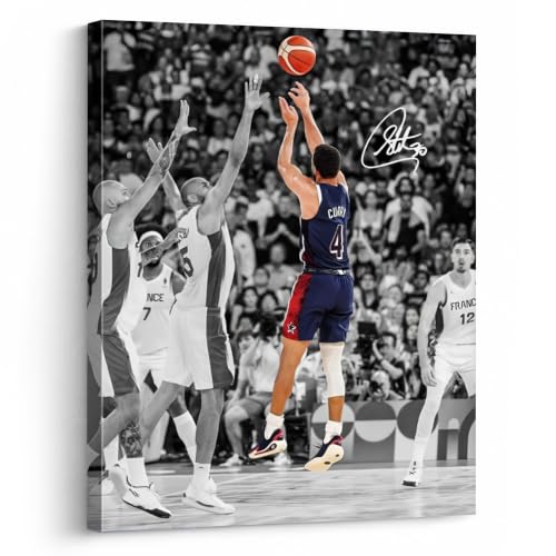 NBA Canvas Wall Art Decor - Stephen Curry Iconic Three-Point Shot Team USA Olympic Game Scene Basketball Wall Poster for Sports Fans Home Bedroom or Game Room Decor 8X10
