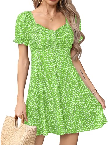 Image of Missufe Women's Puff Short Sleeve Drawstring Ruched Front Fit and Flare Floral Summer Casual Short Dress