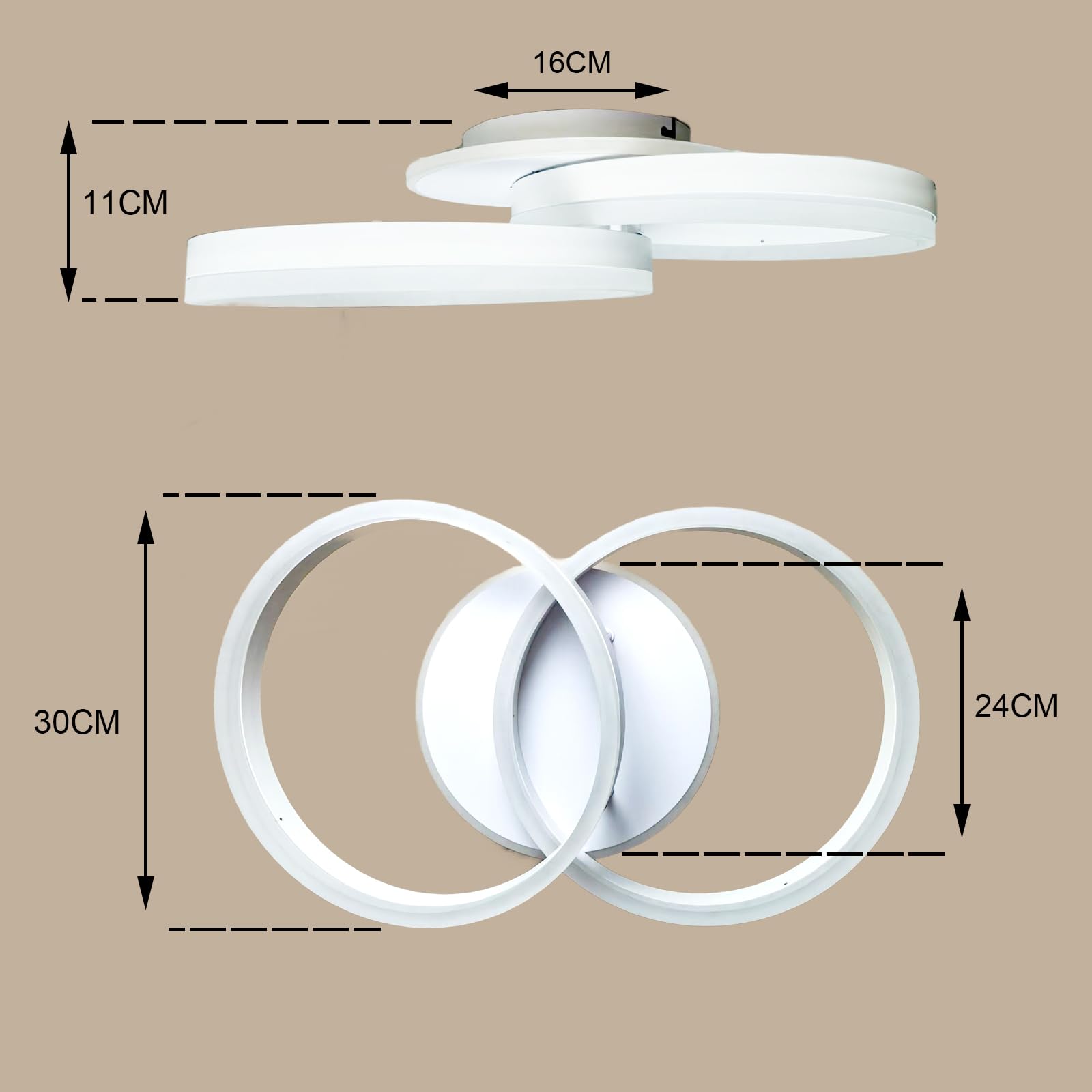 Plafón LED Moderno 2 Anillos 36W 3000K Luz Cálida, Sin Parpadeo, Material Acrílico, Iluminación para Salón, Dormitorio, Oficina, Ahorro de Energía 50CM