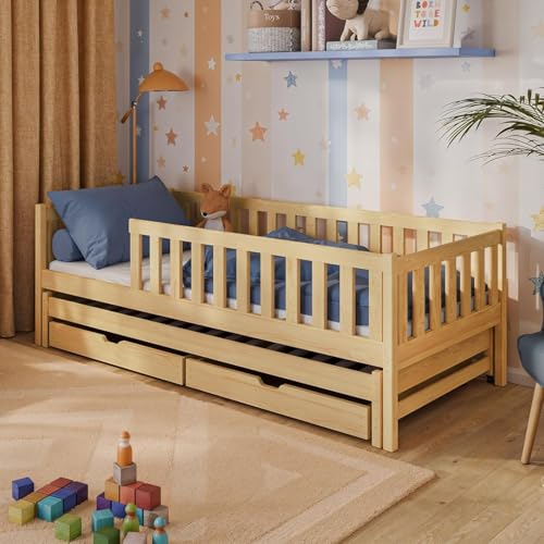 Cama Infantil con Nido y Dos cajones, protección anticaídas y somier, Cama Infantil | Otros tamaños: 80x180, 90x190, 90x200cm | 80x160 cm: de 3 a 10 años, Color Natural