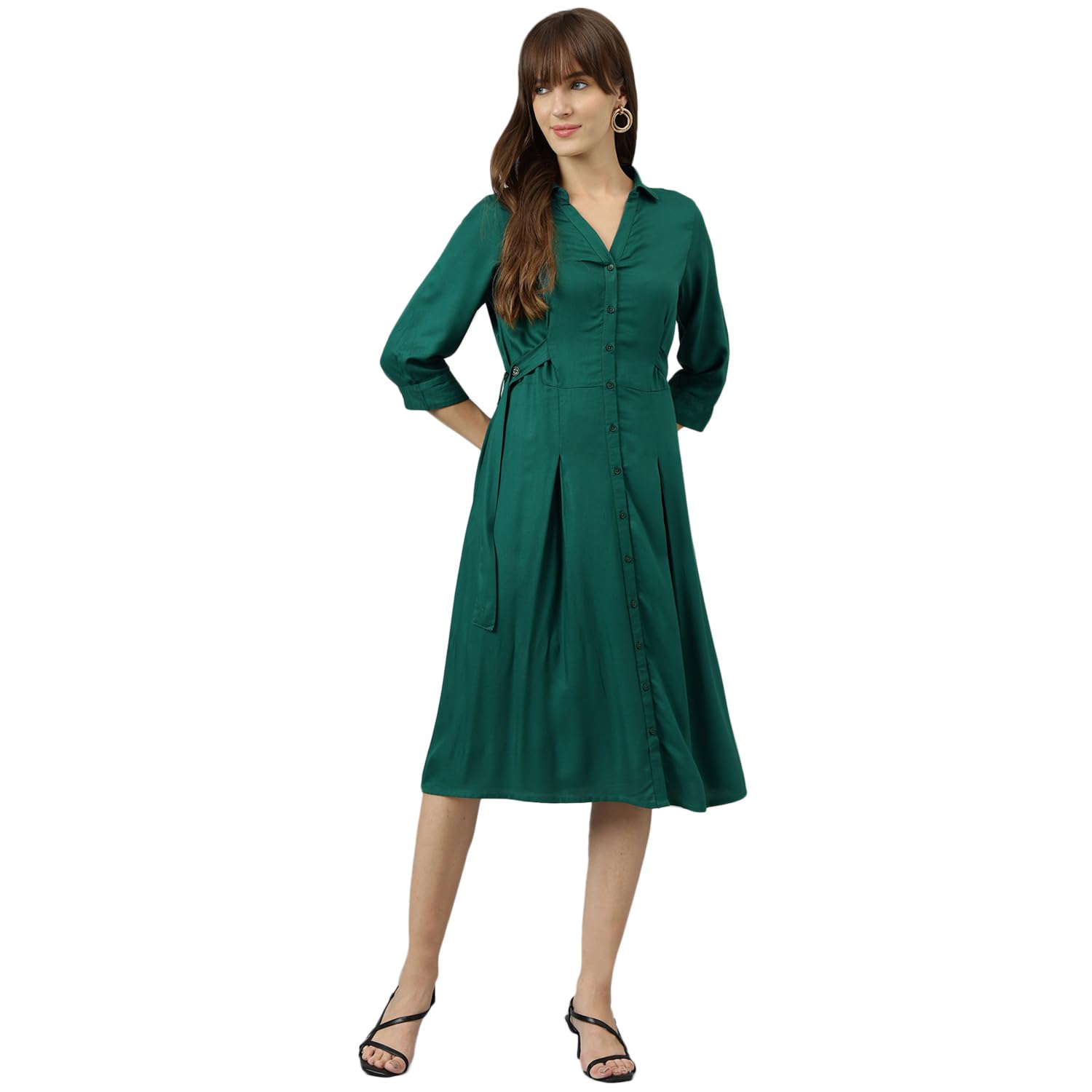 latin quarters Women Green Shirt Collar Three-Quarter Sleeves A-Line Knee Length Dress for Casual-picture-27