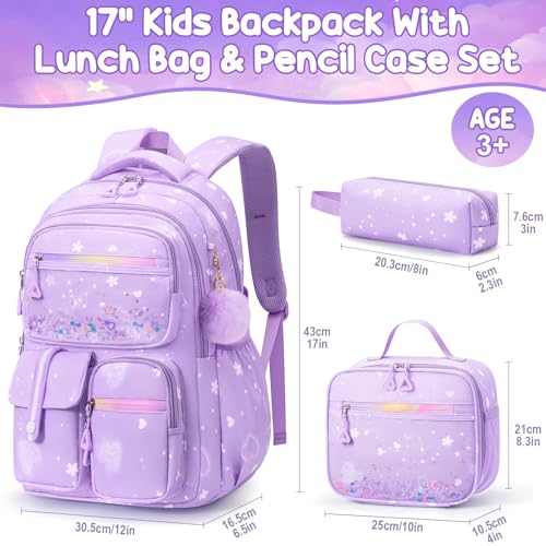 Fimibuke Backpack for Girls, 3 PCS Waterproof Kids Backpack with Lunch Box & Pencil Case Set, Cute Travel Bookbag School Bag for Kindergarten Elementary Middle High School Student Toddler Kids Teens4