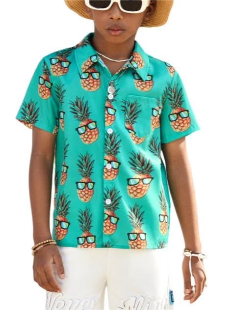 WDIRARA Boy's Fruit Print Button Down Boho T Shirt Collared Neck Short Sleeve Casual Summer T Shirts