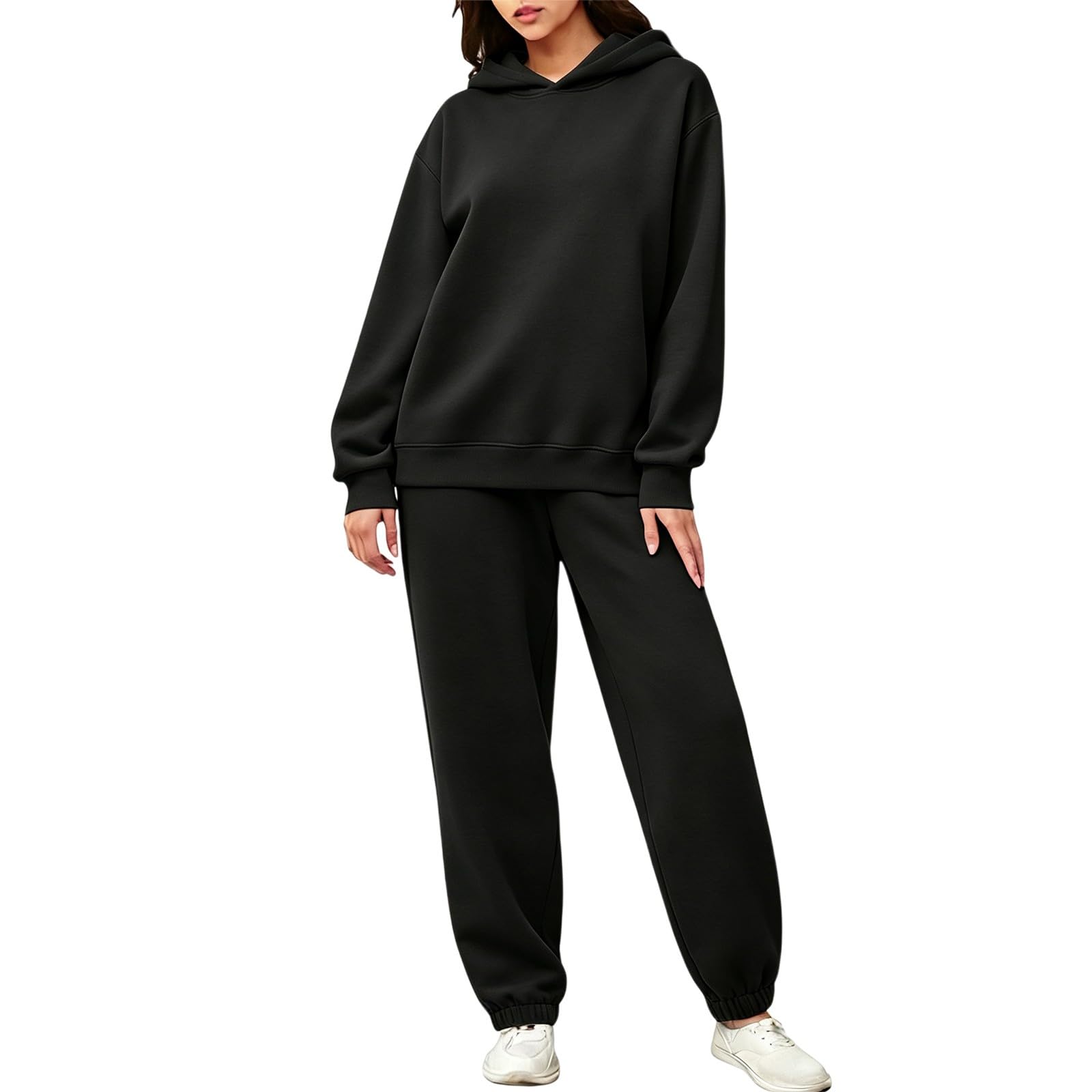Tuta da jogging da donna, taglie forti, tuta lunga da donna | Tuta sportiva con cappuccio e pantaloni da jogging, vestibilità regolare, due pezzi, casual, streetwear, baggy