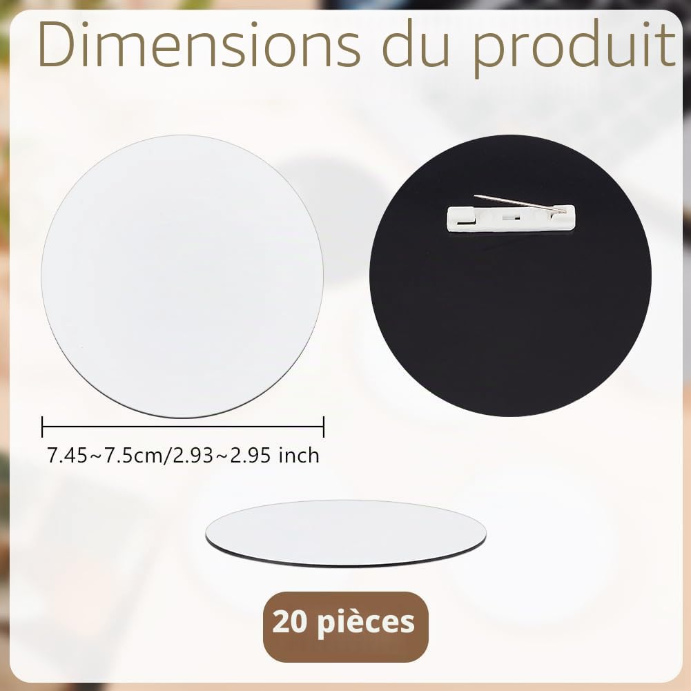 OLYCRAFT 20pcs Bouton Sublimation Vierge avec Épingles 75mm Bouton Rond Vierge Blanc Badge Personnalisé avec Épingle Projets de Bricolage Étiquettes Nominatives Vierges Bricolage