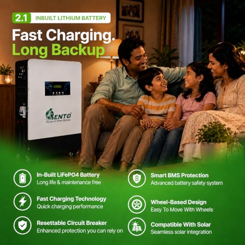 Image of Lento 2100VA 25.6V Solar Hybrid Lithium Battery Inverter | Inbuilt LiFePO4 Battery | Pure Sine Wave UPS | PWM Solar Controller | Home & Office Power Backup | Maintenance-Free Design