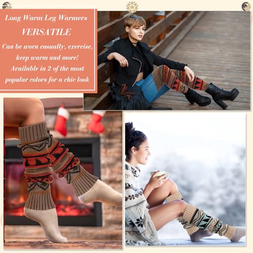 Image of 4 Pairs Boho Knit Leg Warmers for Women, Thick Boot Cuffs, Footless Long Bohemian Winter Leg Warmers for Girl, 2 Colors