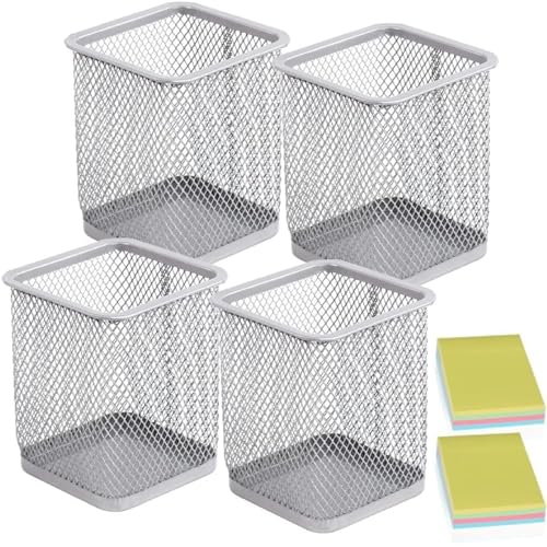 DARUITE Lot de 4 Pots à Crayons Carrés en Métal, Multifonctionnels pour le Bureau et la Maison, Argentés