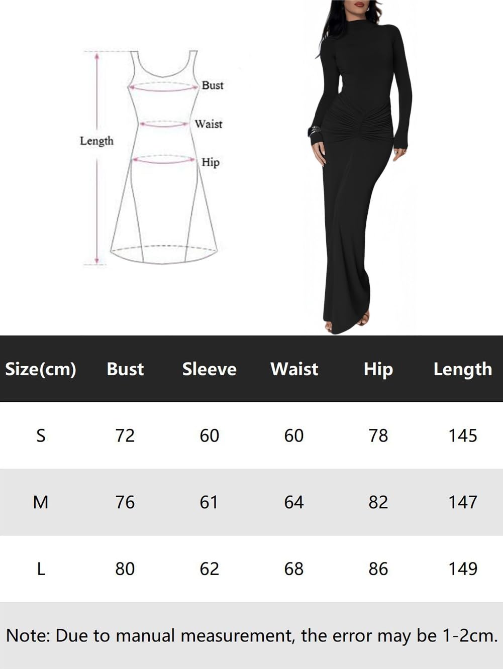 Vestito Donna Elegante Maniche Lunghe Maxi Abito Aderente con Scollo Alto Sexy Vestiti Lungo a Pieghe Abiti da Sera Cerimonia Festa Cocktail Matrimoni Autunno Inverno Casual Bodycon Tubino