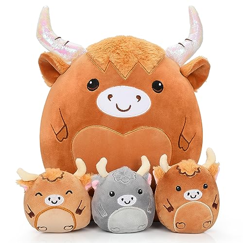 Image of 4PCS Cow Plush Toys Pillow, 14'' Cute Cow Mommy with 3 Babies, Soft Fluffy Highland Cow Stuffed Animal Plushies Toys Sleeping Hugging Pillow Doll Birthday for Kids Girlfriend