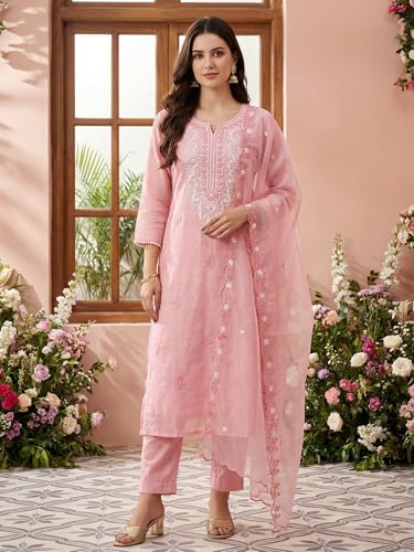 Image of INDO ERA Women's Cotton Blend Solid Straight Kurta with Pant & Dupatta Set
