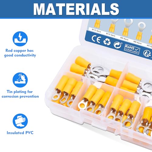 Hanibos 38 Pcs Yellow Ring Terminals 4-6mm² Ring Crimps Terminals Connectors M3 M4 M5 M6 M8 M10 M12 Insulated Ring Terminals Crimps Connectors 12-10AWG - Image 3