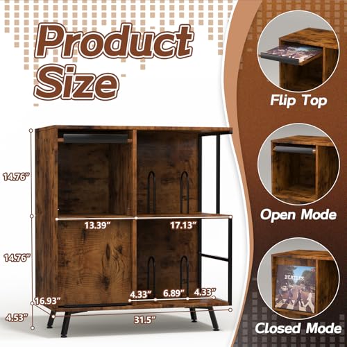Image of Faesun 3 Tier Flip Top Record Player Stand, Vinyl Record Storage Holds up to 300+ Albums, Large Record Player Cabinet, Vintage Turntable Stand with Vinyl Display, for Living Room Bedroom, Rustic Brown