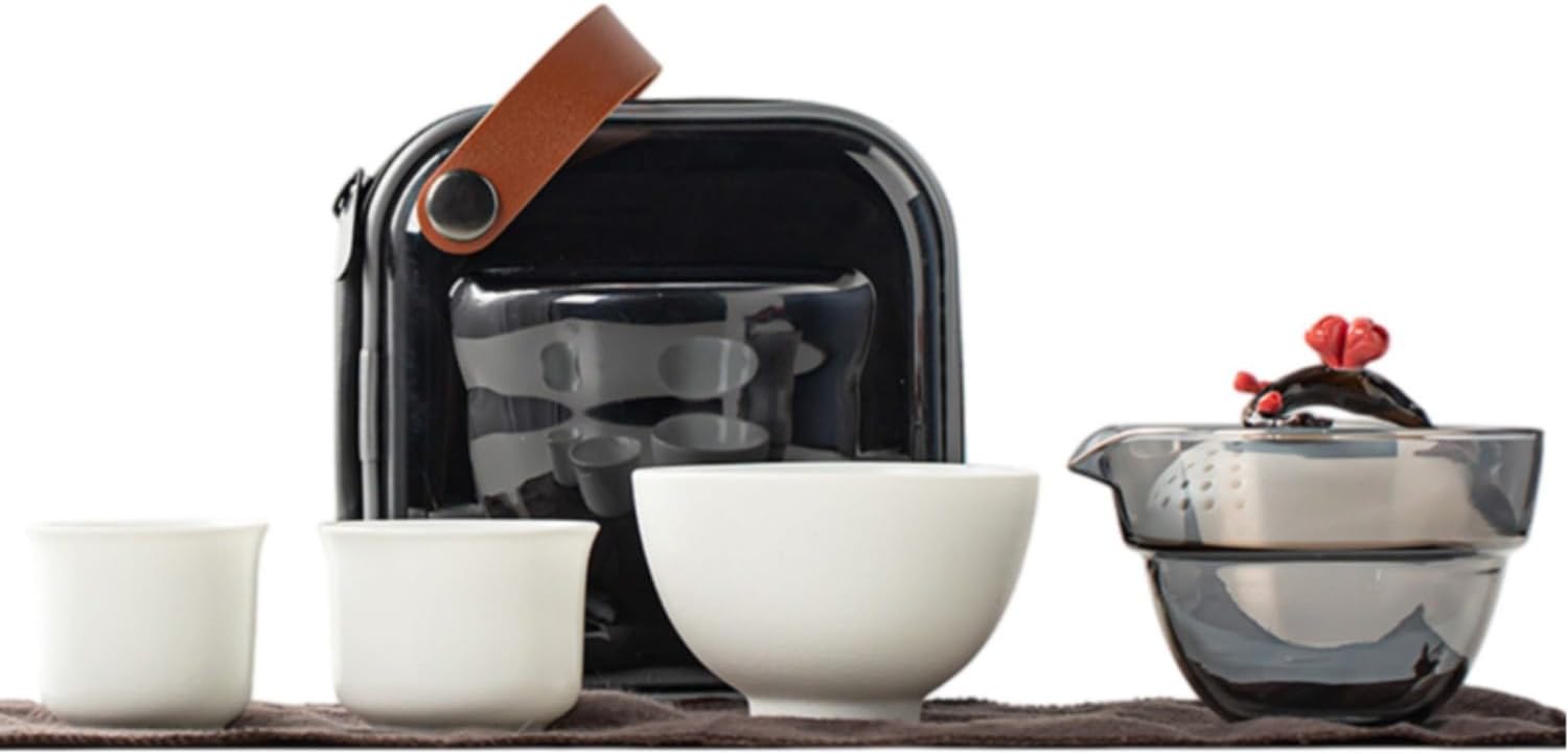 创意玻璃捏花旅行茶具套装陶瓷茶杯一壶 Ceramic Kung Fu Tea Set,teapot,Teacups,warming Wedding Birthday Gift,Tea Tray Chinese,Dishwasher Safe 捏花一壶二杯旅行茶具（雅白）