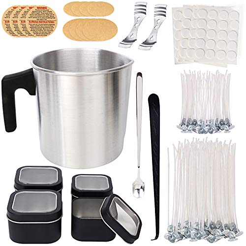 OSTWOLKE Kerzenherstellung Kit DIY Große Kapazität Wachs Topf Set mit 1200 ml Kerzentopf, 200 Stück Dochte und 4 Kerzenbecher, Aufkleber, Löffel usw. Kerzentopf zum Selbermachen Cover