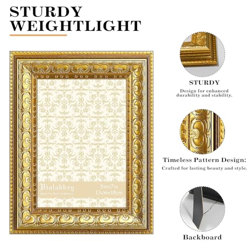 Image of VIOLABBEY 5x7 Picture Frame Gold, Vintage Photo Frame | Small Antique Ornate Frame, Wall or Tabletop Display, Classic Design for Home Office Decor, Fits 5x7 Pictures
